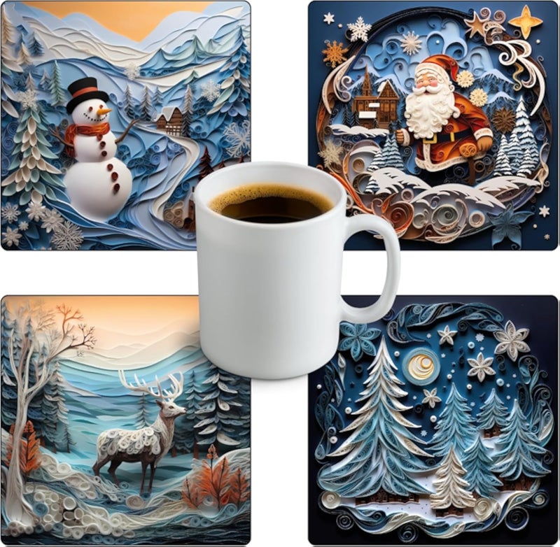 Four Pieces Christmas Rubber Coasters, Coaster Tea Cups | Coffee Mugs and Glasses Coaster for Home Kitchen Coaster-18